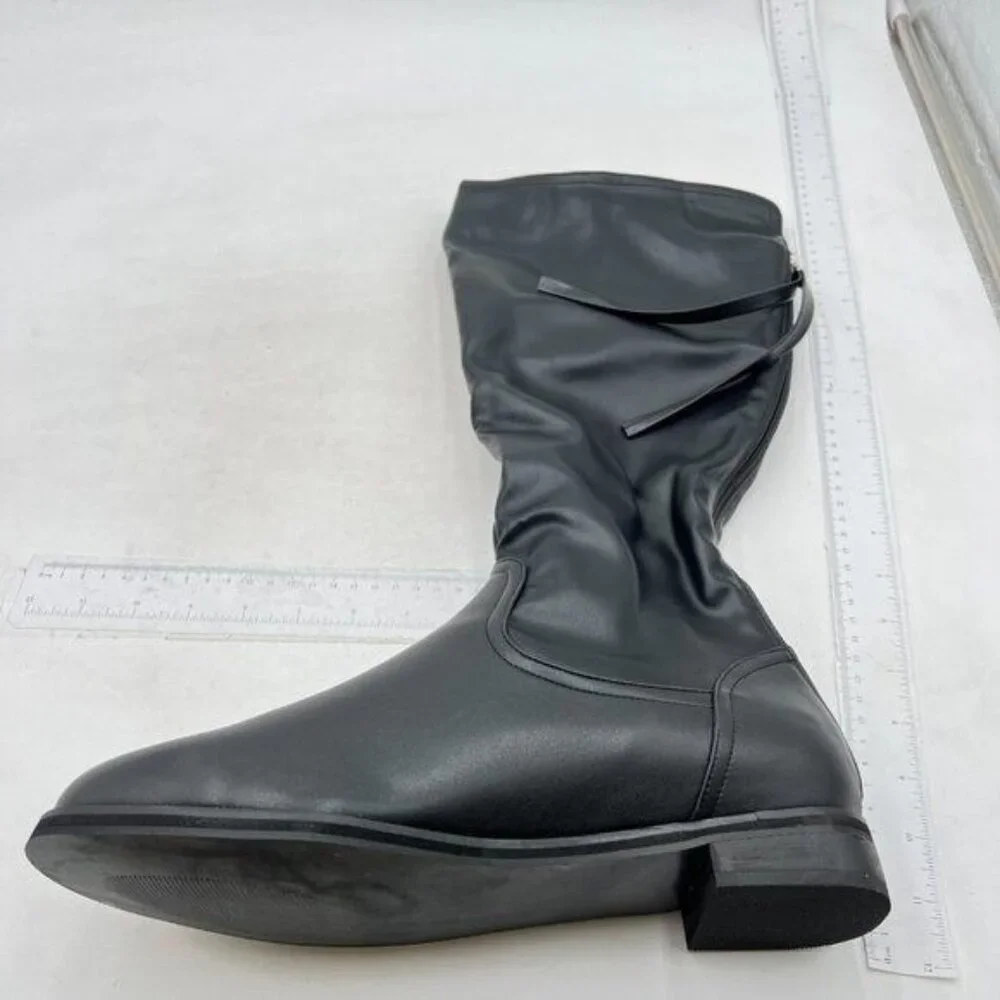 Women's Knee High Boots Women Chunky Tall Long Boots Low Heel, Round Toe Black